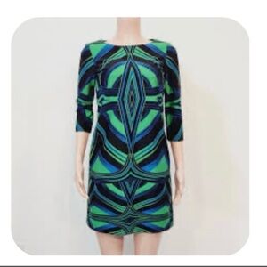 Elegant Blue and Green Geometric Long Sleeve Dress